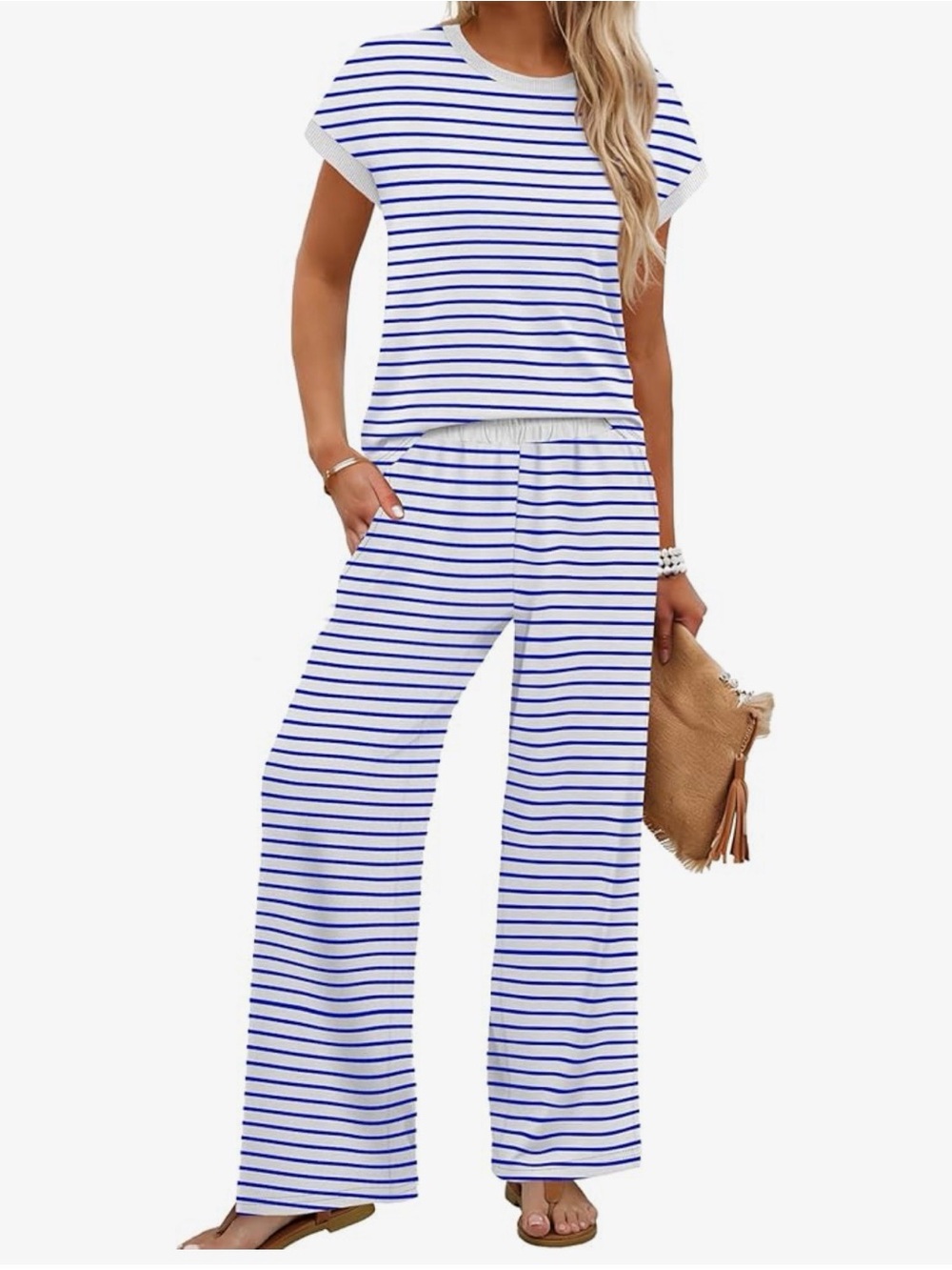 Casual White & Blue Striped Two-Piece Set